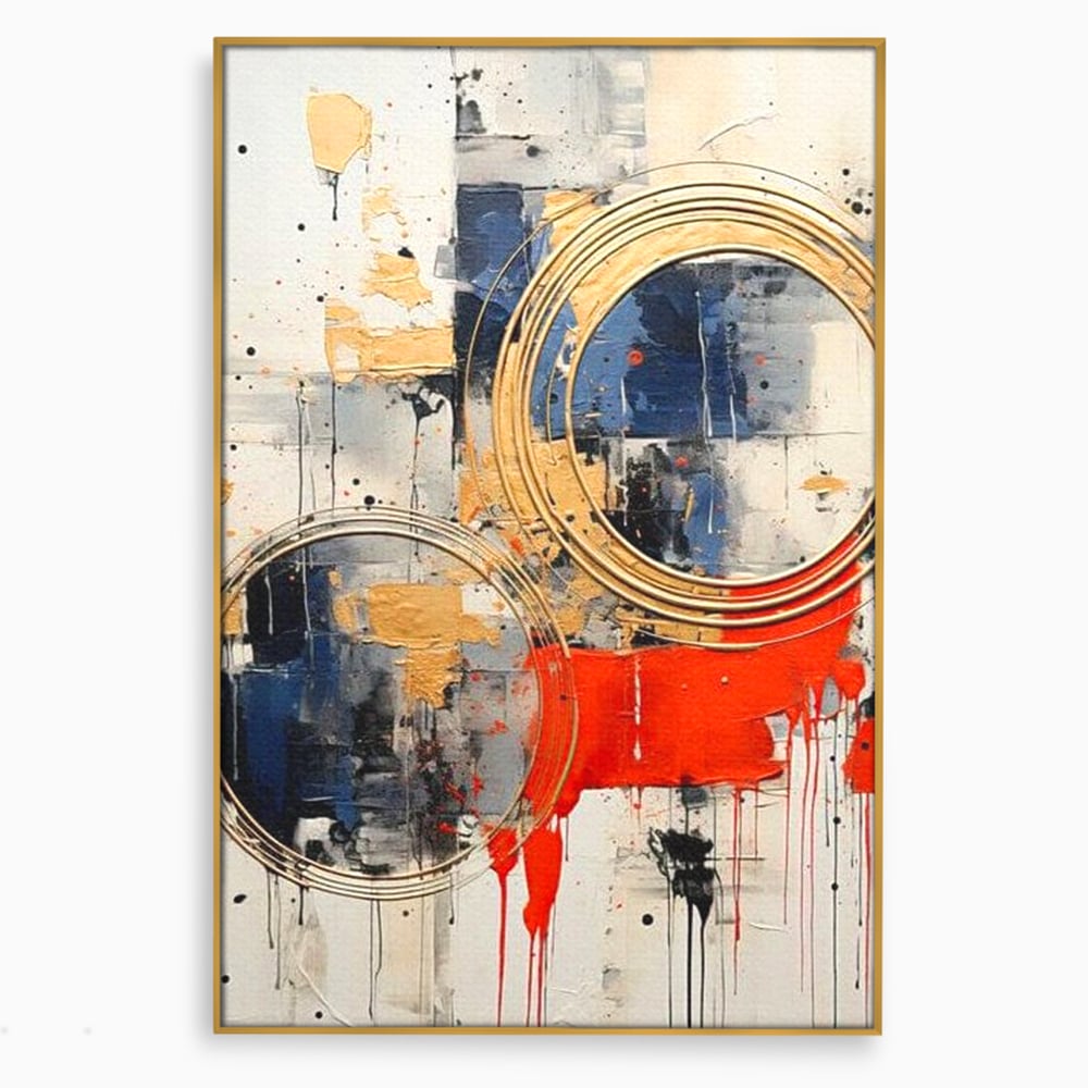 Tablou canvas cu tablou abstract cu cercuri aurii si tuse rosu aprins, in rama de aluminiu auriu